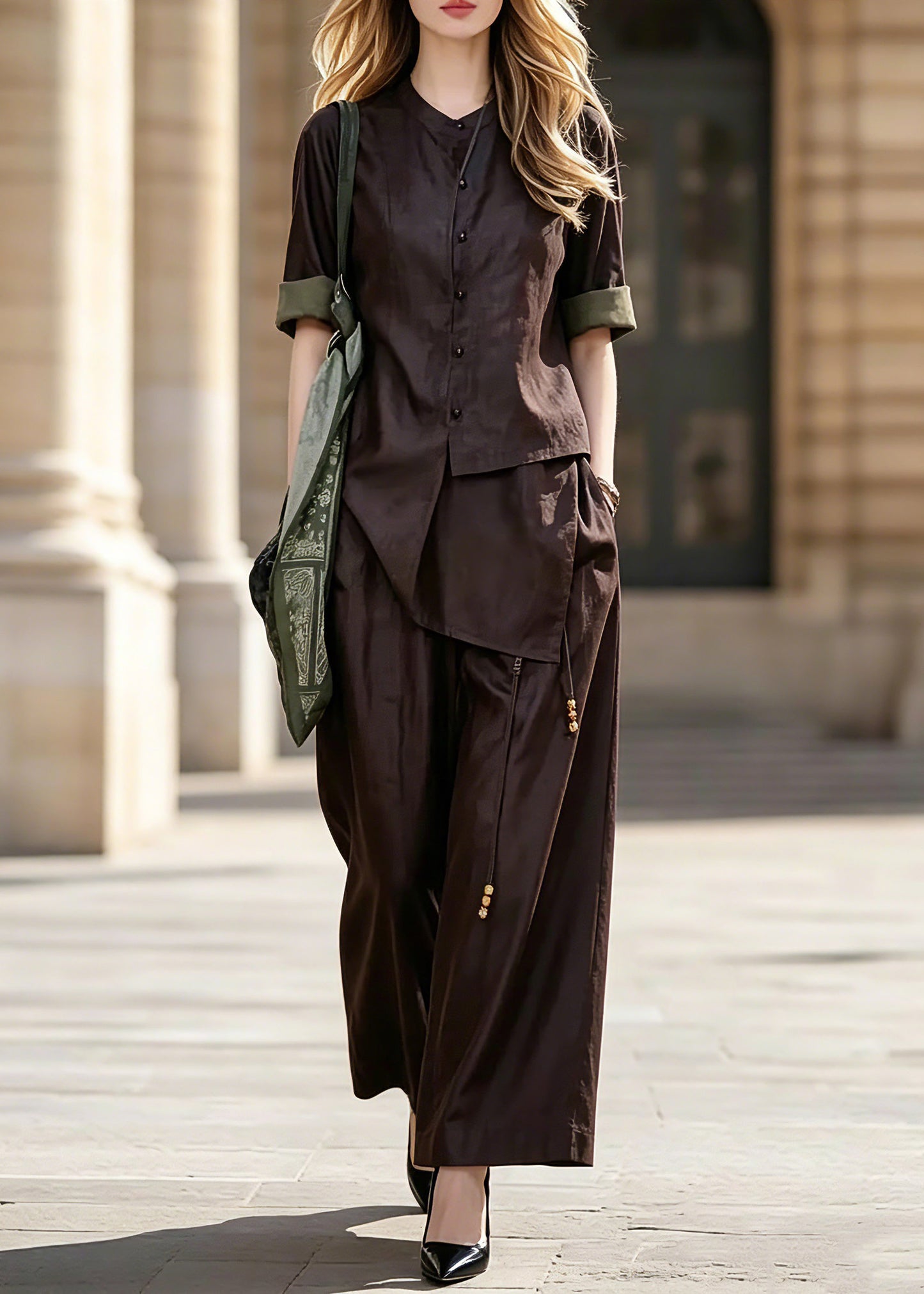 Vogue Purple Asymmetrical Patchwork Button Shirt And Wide Leg Pants Two Pieces Set Short Sleeve