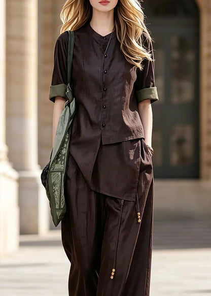 Vogue Purple Asymmetrical Patchwork Button Shirt And Wide Leg Pants Two Pieces Set Short Sleeve