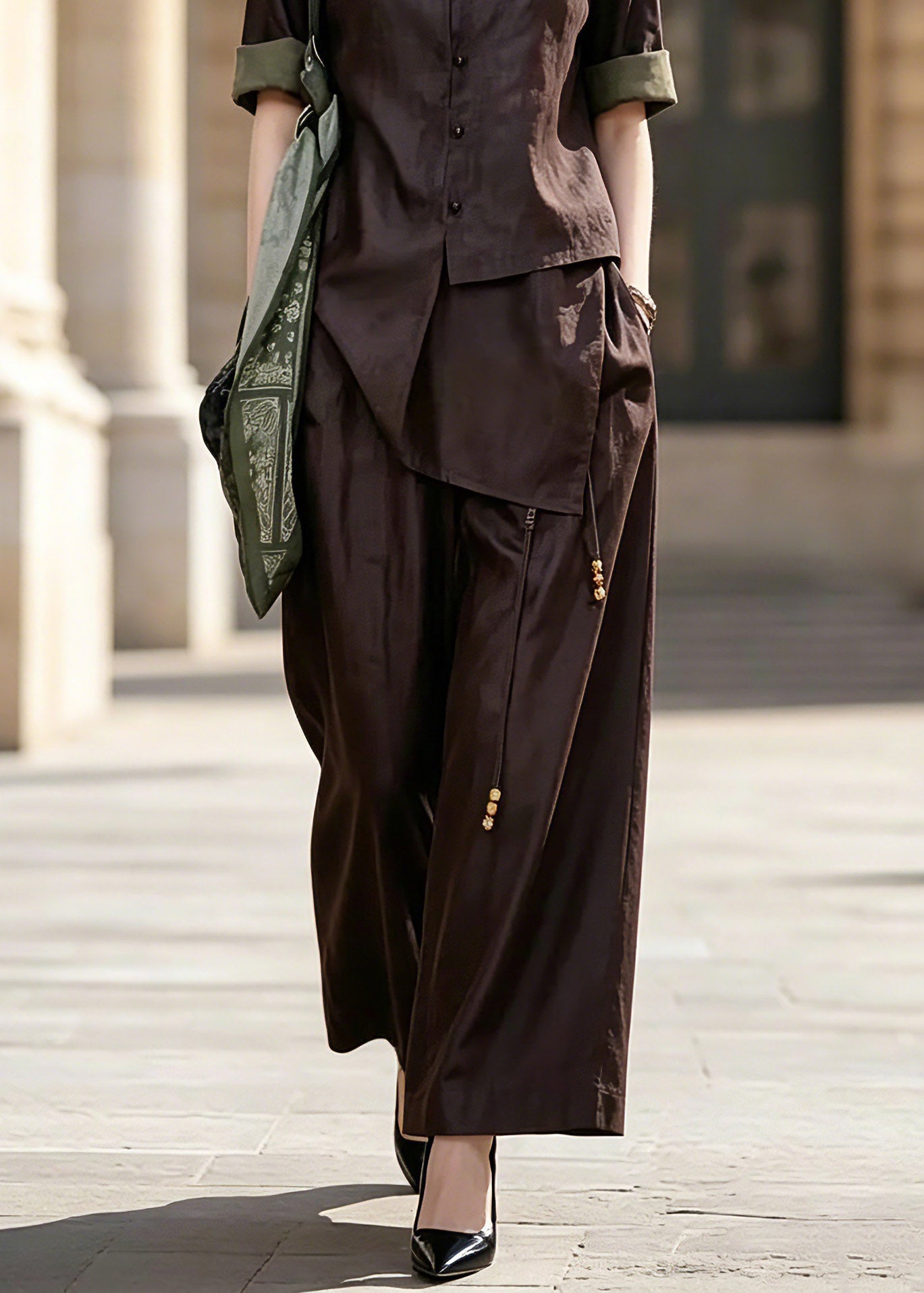 Vogue Purple Asymmetrical Patchwork Button Shirt And Wide Leg Pants Two Pieces Set Short Sleeve