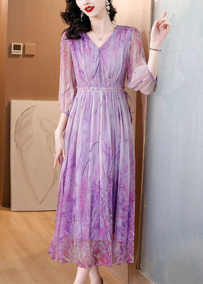 Vogue Purple Patchwork Elastic Waist Silk Maxi Dresses Summer