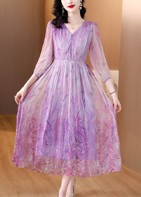 Vogue Purple Patchwork Elastic Waist Silk Maxi Dresses Summer