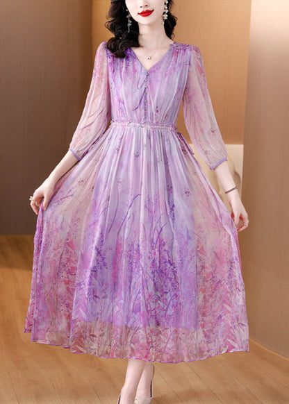 Vogue Purple Patchwork Elastic Waist Silk Maxi Dresses Summer