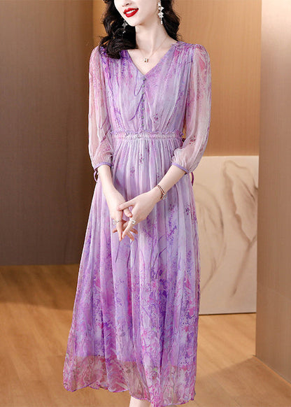 Vogue Purple Patchwork Elastic Waist Silk Maxi Dresses Summer