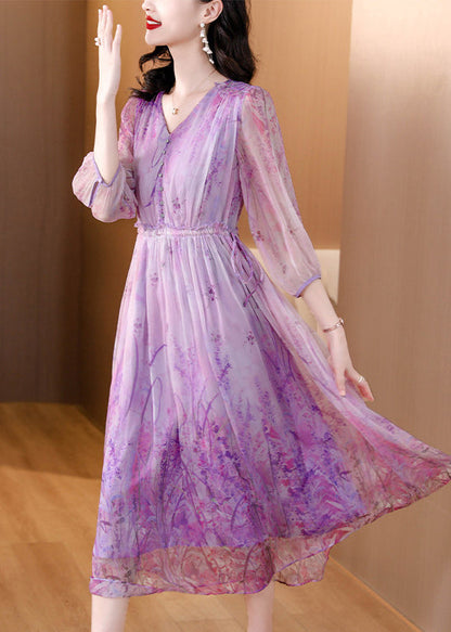 Vogue Purple Patchwork Elastic Waist Silk Maxi Dresses Summer