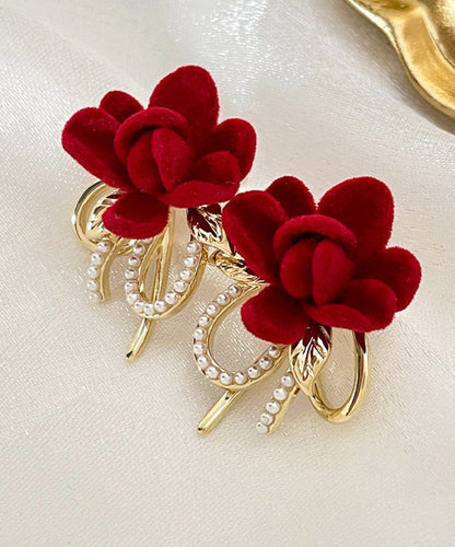 Vogue Red Copper Overgild Flocking Floral Pearl Bow Stud Earrings