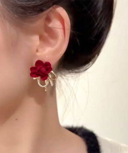 Vogue Red Copper Overgild Flocking Floral Pearl Bow Stud Earrings