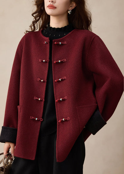 Vogue Red Pockets Patchwork Woolen Coat Spring