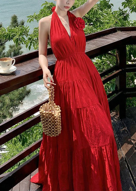 Vogue Red V Neck Halter Cold Shoulder Long Dress Sleeveless