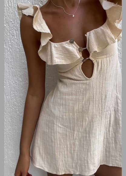 Vogue Sexy Beige Ruffled Patchwork Cotton Mini Dress Summer