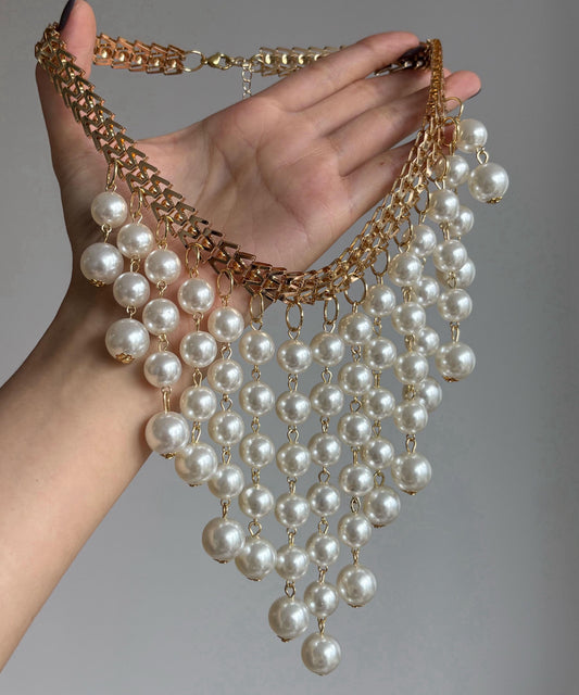 Vogue White Alloy Pearl Layered Tassel Gratuated Bead Necklace