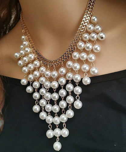 Vogue White Alloy Pearl Layered Tassel Gratuated Bead Necklace
