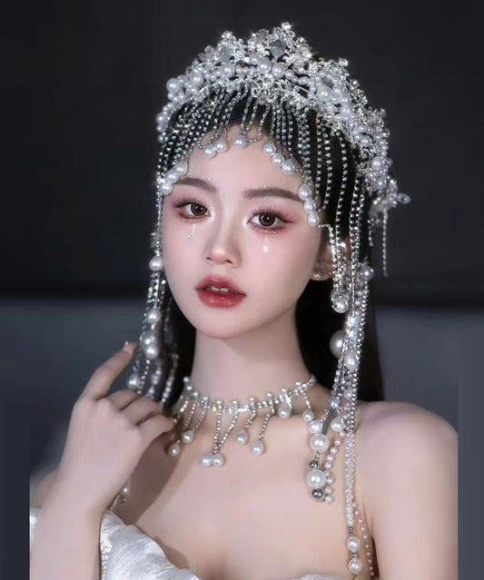 Vogue White Alloy Zircon Pearl Crown , Necklace And HairPiece Three-Piece Set