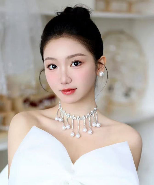 Vogue White Alloy Zircon Pearl Crown , Necklace And HairPiece Three-Piece Set