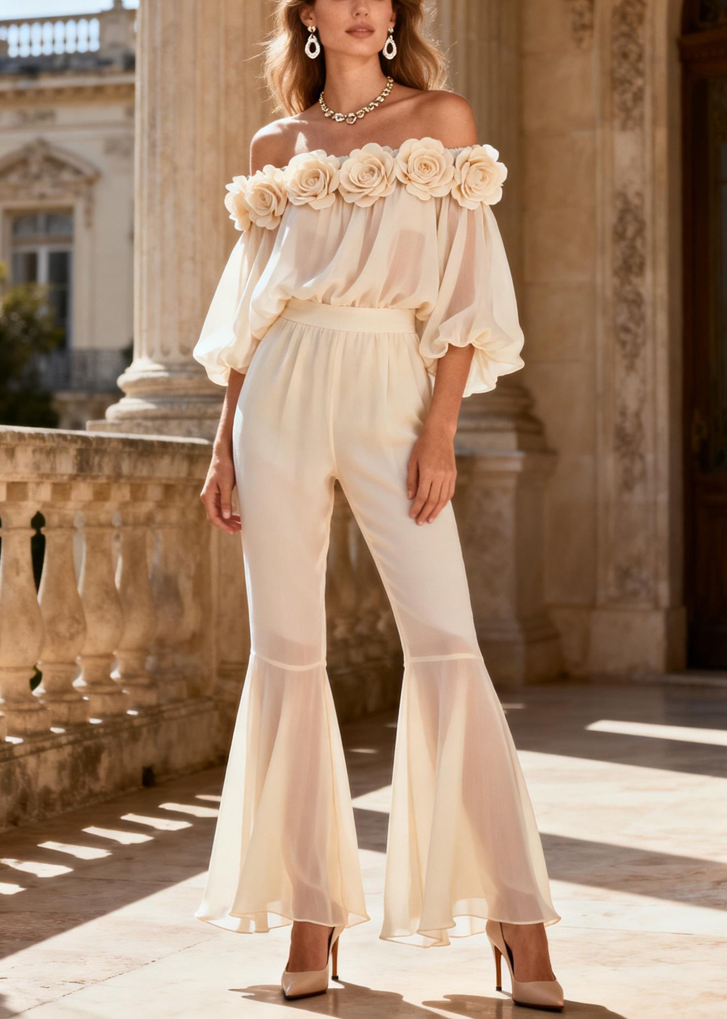 Vogue White Floral Chiffon Shirts And Flared Trousers Two Piece Set Spring