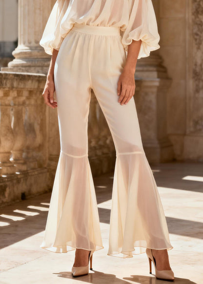 Vogue White Floral Chiffon Shirts And Flared Trousers Two Piece Set Spring