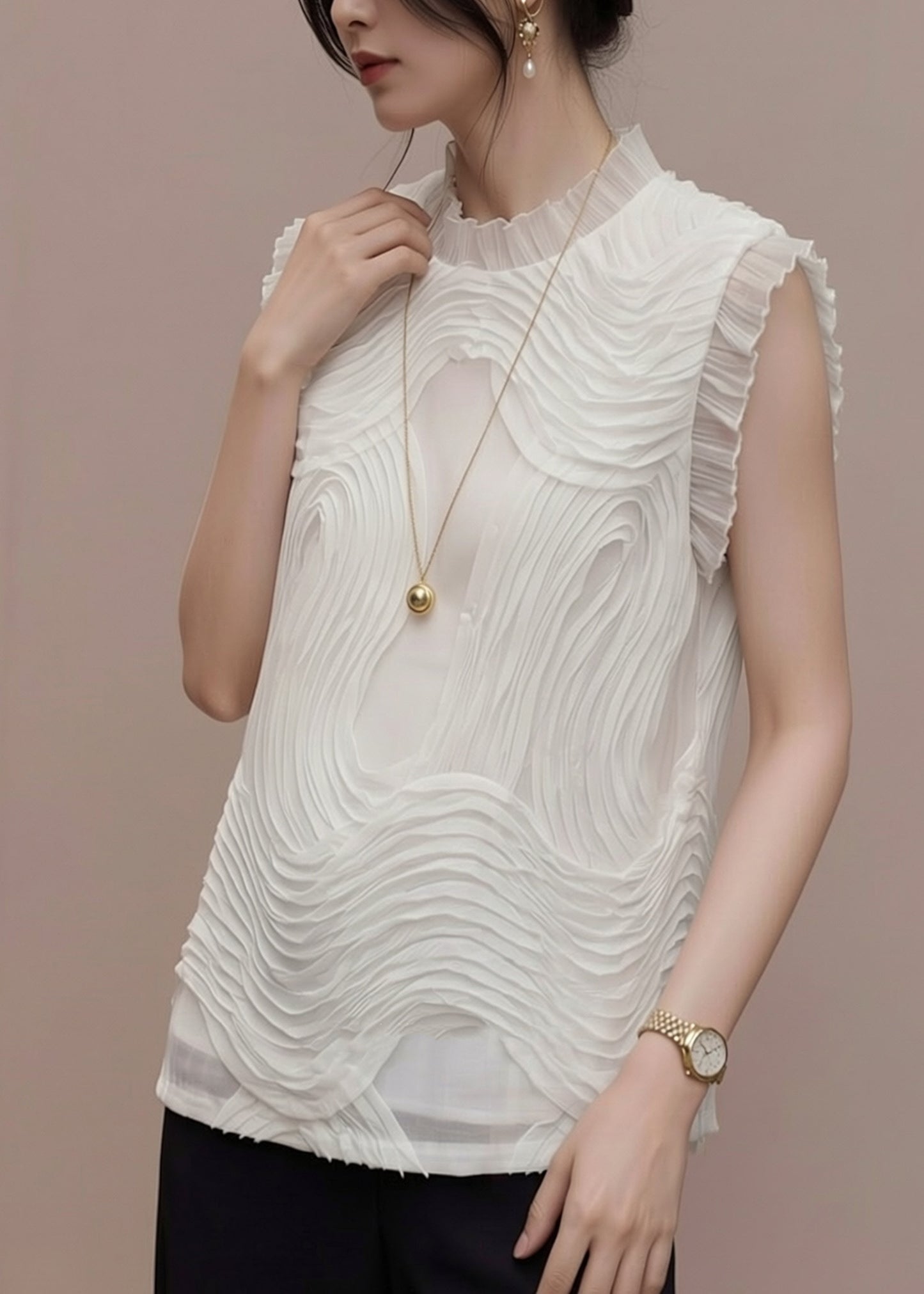 Vogue White Ruffled Patchwork Chiffon Top Sleeveless
