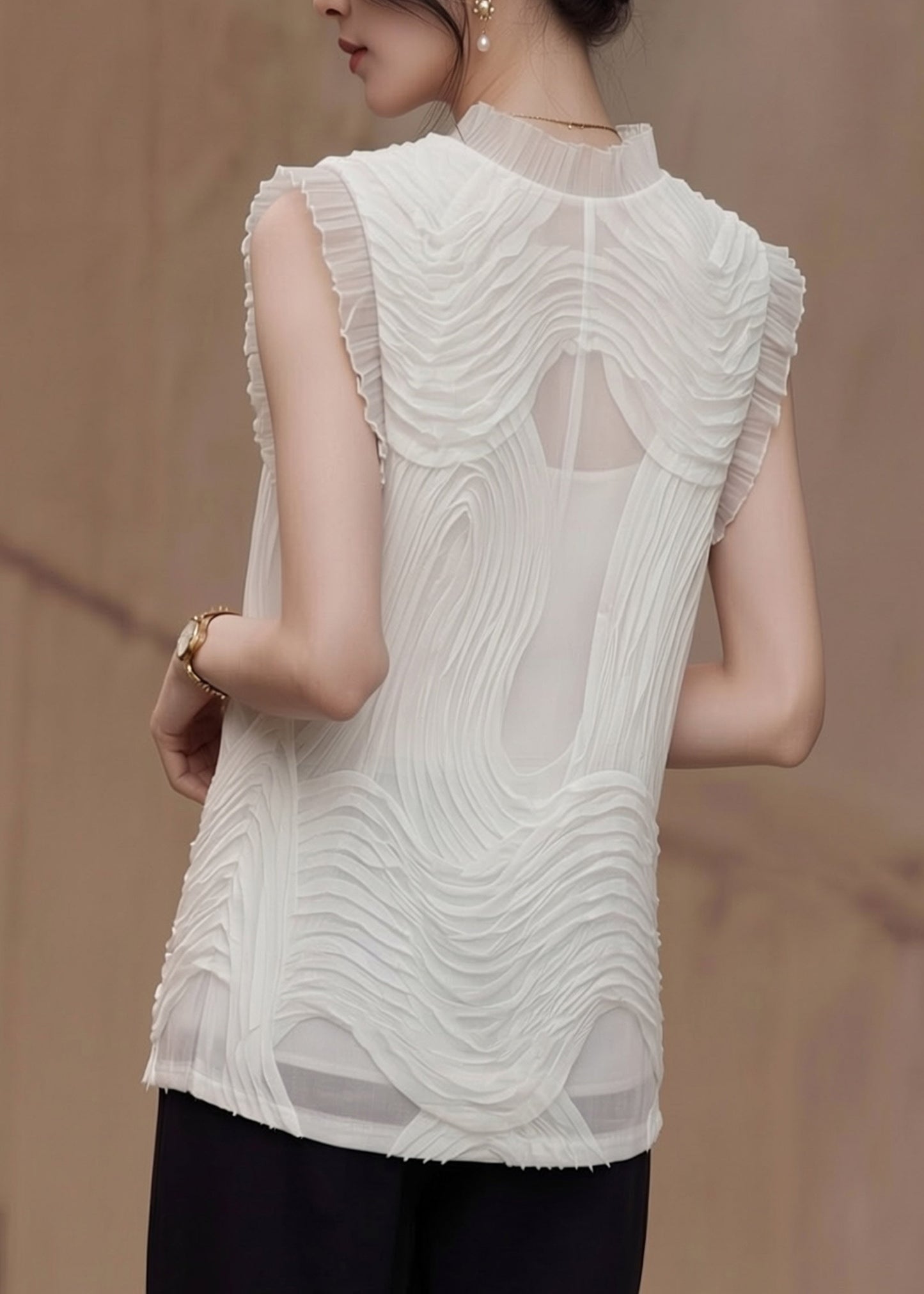 Vogue White Ruffled Patchwork Chiffon Top Sleeveless