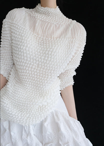 Vogue White Stand Collar Puff Wrinkled Chiffon Top Summer