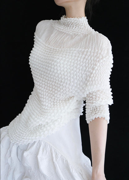 Vogue White Stand Collar Puff Wrinkled Chiffon Top Summer