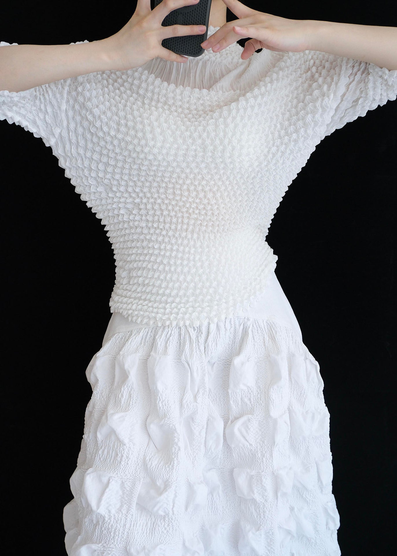 Vogue White Stand Collar Puff Wrinkled Chiffon Top Summer