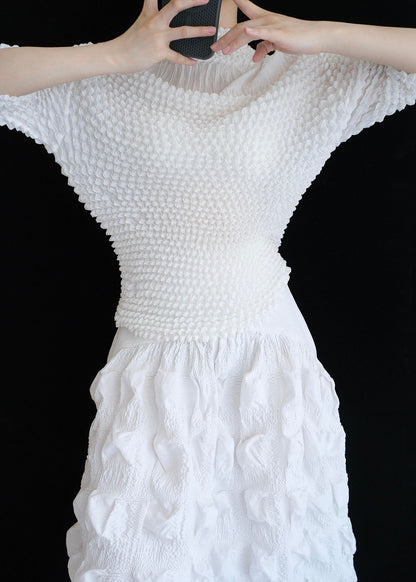 Vogue White Stand Collar Puff Wrinkled Chiffon Top Summer