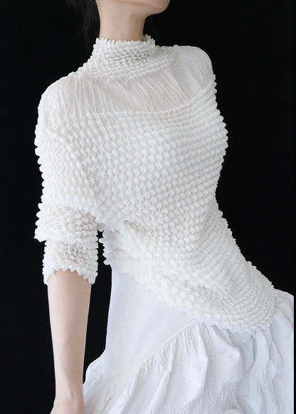 Vogue White Stand Collar Puff Wrinkled Chiffon Top Summer