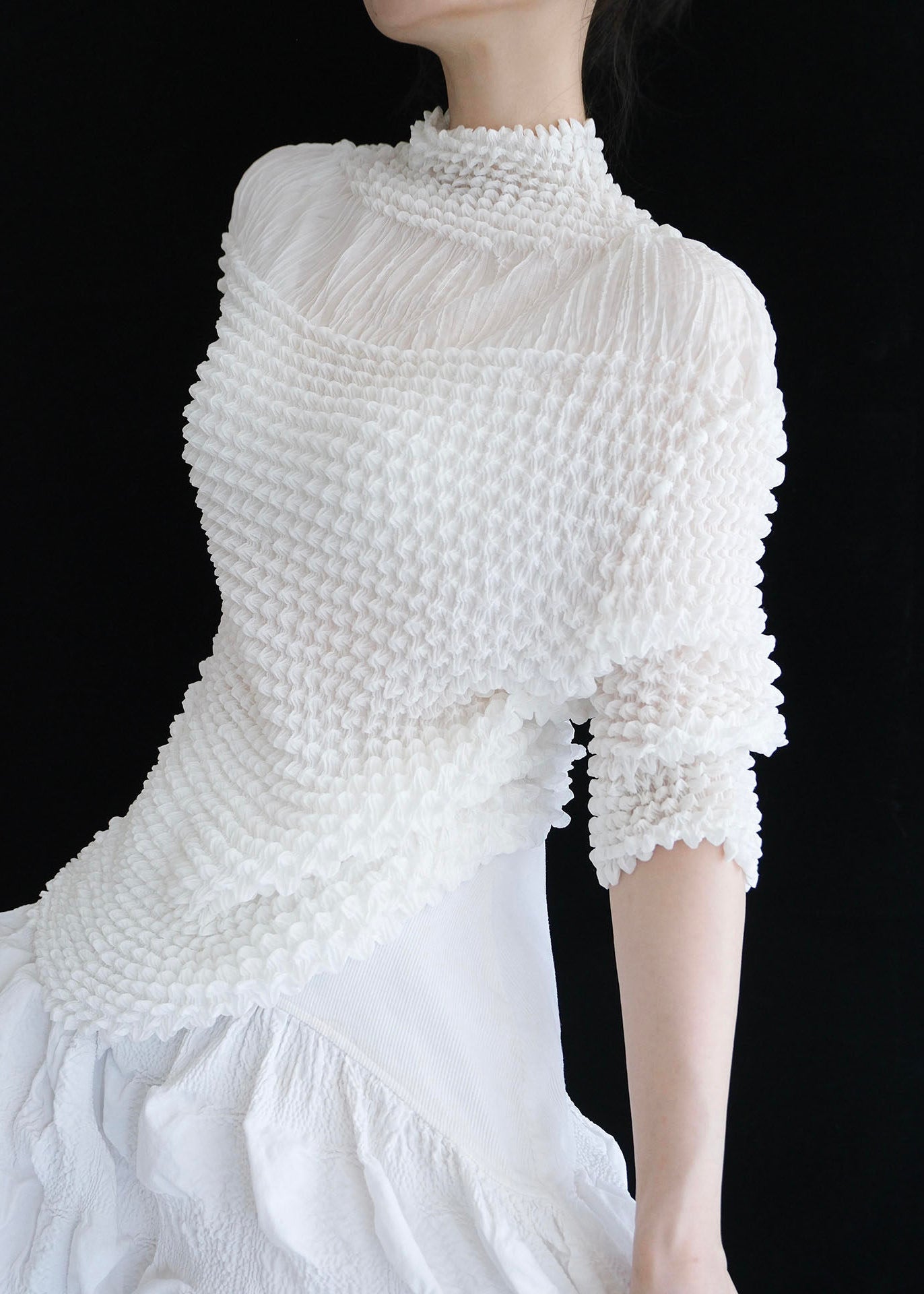 Vogue White Stand Collar Puff Wrinkled Chiffon Top Summer