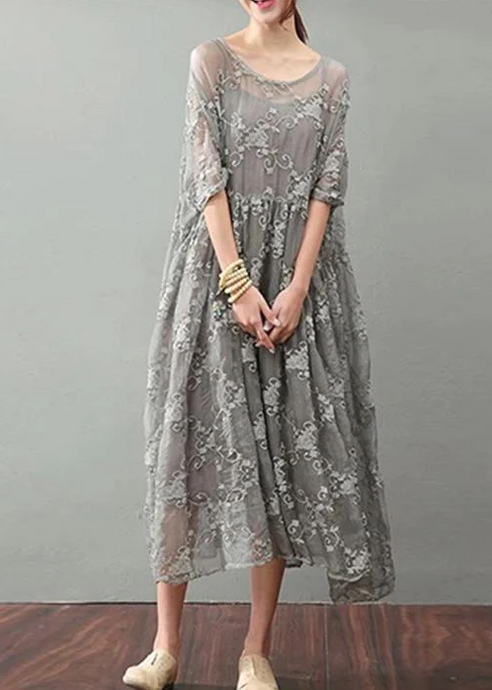 Vintage Gray Maxi Dress Trendy Plus Size Lace Gown Top Quality Bracelet Sleeved Gown ( Limited Stock)