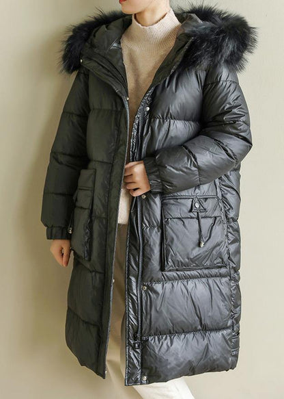 Warm Loose fitting womens parka hooded winter outwear black faux fur collar winter coat - SooLinen