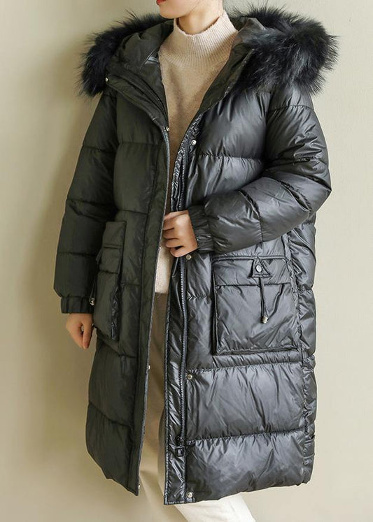 Warm Loose fitting womens parka hooded winter outwear black faux fur collar winter coat - SooLinen