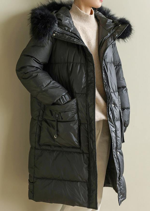 Warm Loose fitting womens parka hooded winter outwear black faux fur collar winter coat - SooLinen