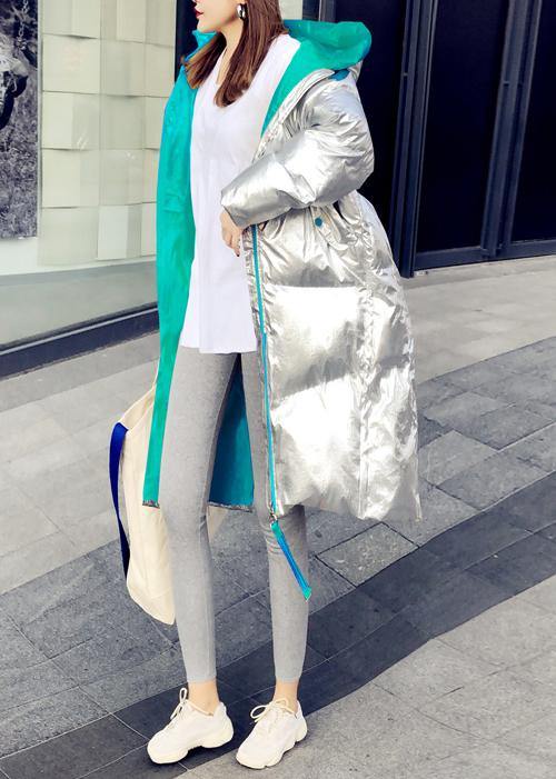 Warm Loose fitting womens silver patchwork green hooded zippered goose Down coat - SooLinen