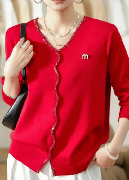 Warm Red V Neck Solid Knit Sweaters Fall