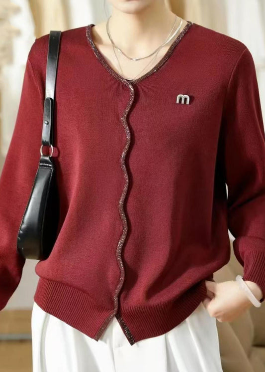 Warm Red V Neck Solid Knit Sweaters Fall
