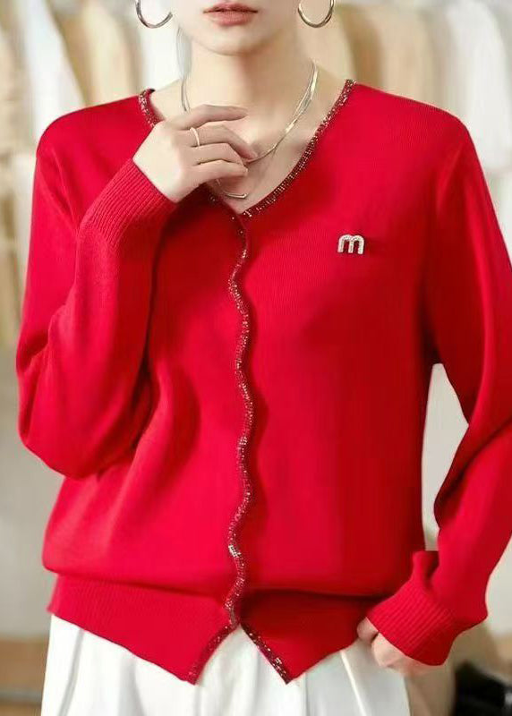 Warm Red V Neck Solid Knit Sweaters Fall