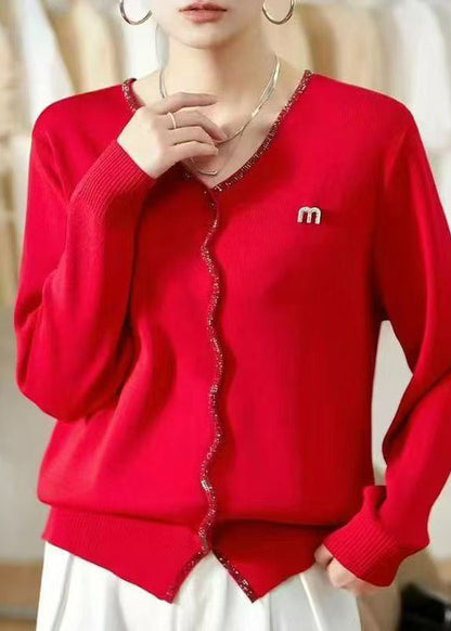 Warm Red V Neck Solid Knit Sweaters Fall