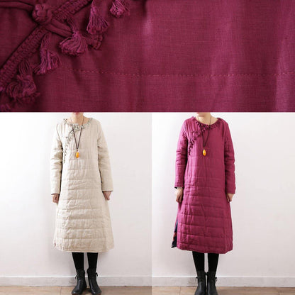Warm beige coats casual snow jackets Chinese Button side open winter outwear - SooLinen