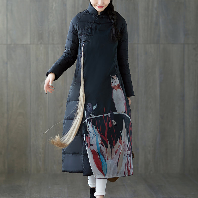 Warm black print down coat oversized stand collar patchwork down jacket Chinese Button down coat