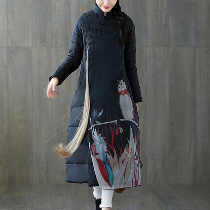 Warm black print down coat oversized stand collar patchwork down jacket Chinese Button down coat