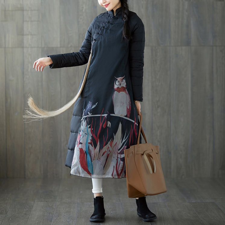 Warm black print down coat oversized stand collar patchwork down jacket Chinese Button down coat