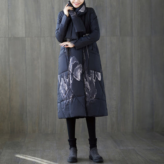 Warm black print down coat oversized tassel quilted coat fine pockets down coat