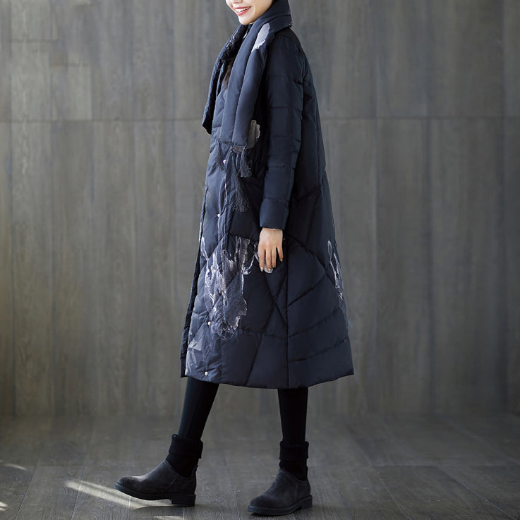 Warm black print down coat oversized tassel quilted coat fine pockets down coat