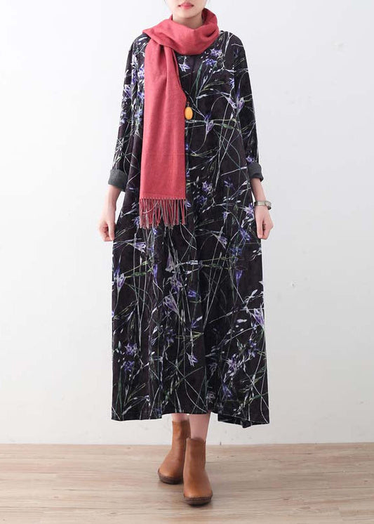 Warm black purple print silk Cotton blend dresses oversized winter dresses Elegant o neck long dress
