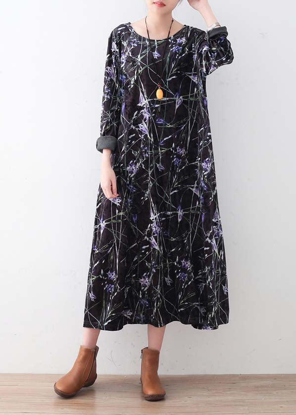 Warm black purple print silk Cotton blend dresses oversized winter dresses Elegant o neck long dress