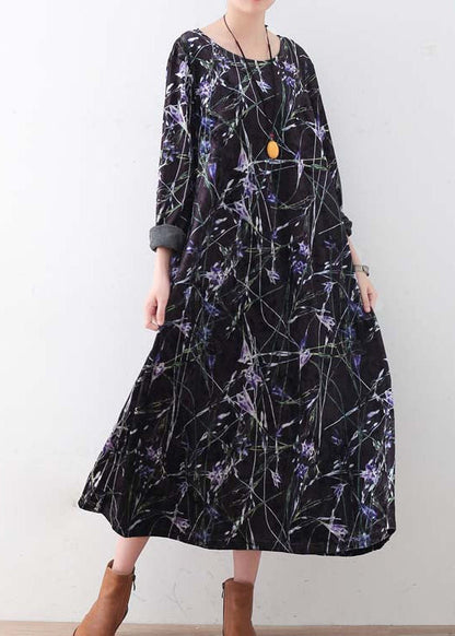 Warm black purple print silk Cotton blend dresses oversized winter dresses Elegant o neck long dress