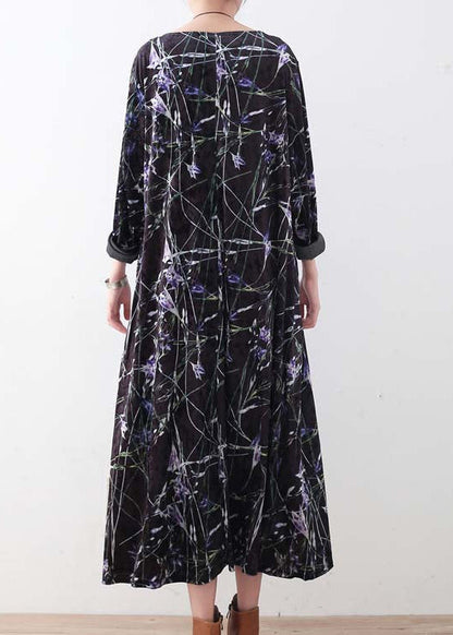 Warm black purple print silk Cotton blend dresses oversized winter dresses Elegant o neck long dress