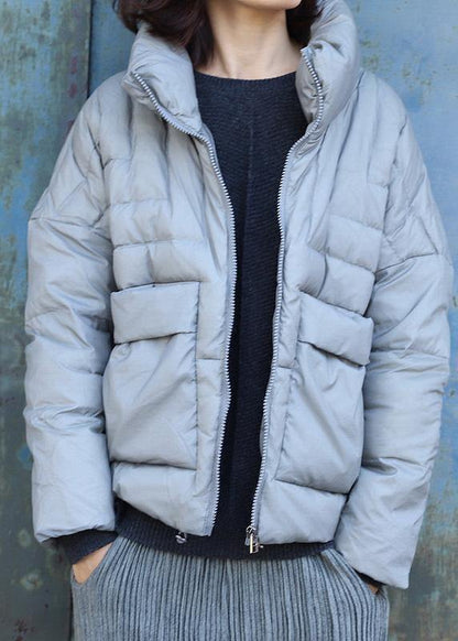 Warm gray overcoat plus size clothing winter jacket stand collar big pockets short winter outwear - SooLinen