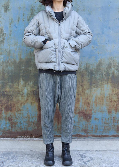 Warm gray overcoat plus size clothing winter jacket stand collar big pockets short winter outwear - SooLinen