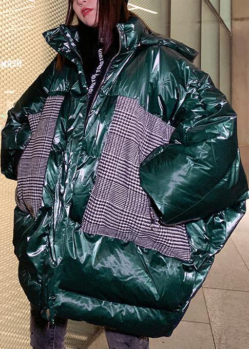 Warm green patchwork winter parkas oversize down jacket overcoat hooded - SooLinen