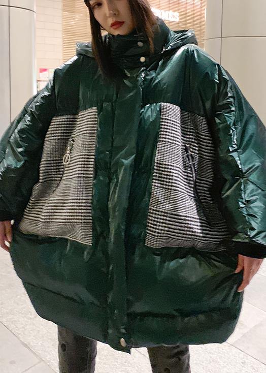 Warm green patchwork winter parkas oversize down jacket overcoat hooded - SooLinen